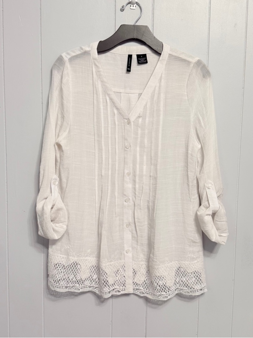 #10) new directions White Pintuck Button-Down Top with Lace Trim